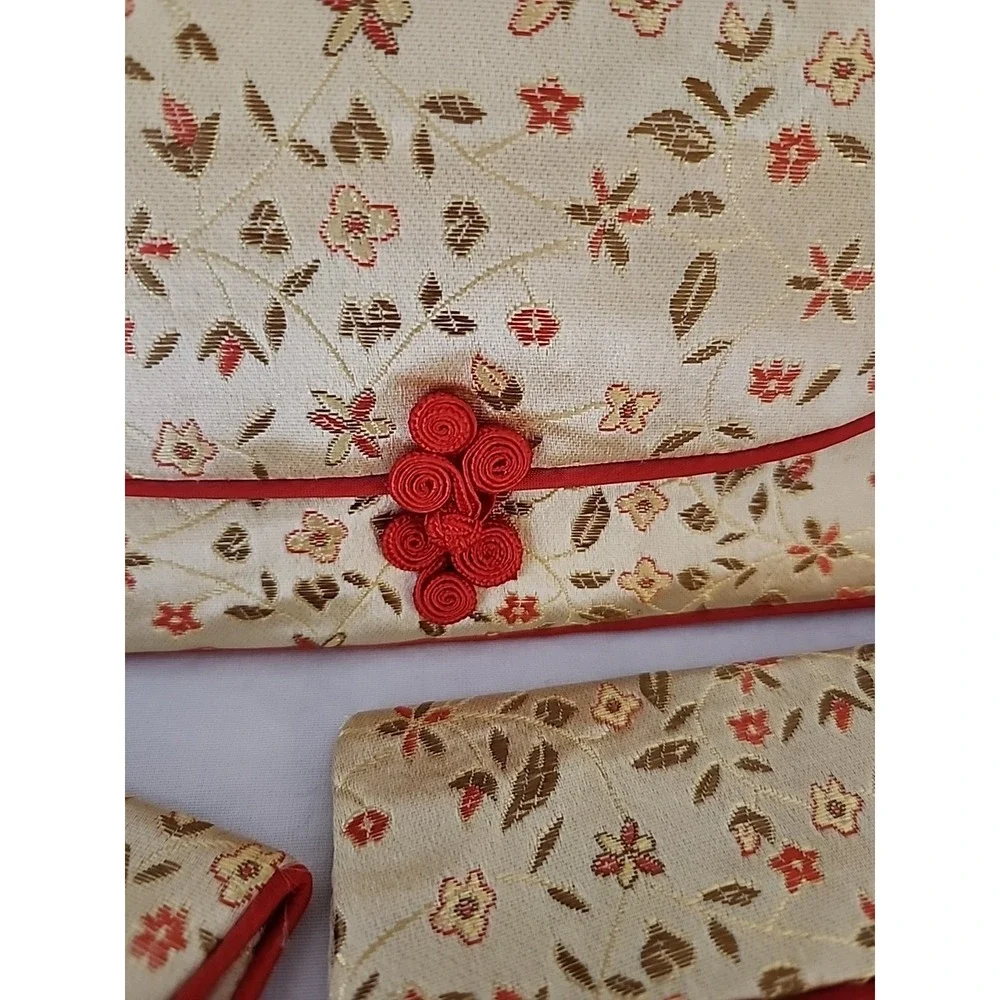 Floral Brocade 3pc Set Clutch Tissue Holder Coin Purse Cream Red Gold Trim